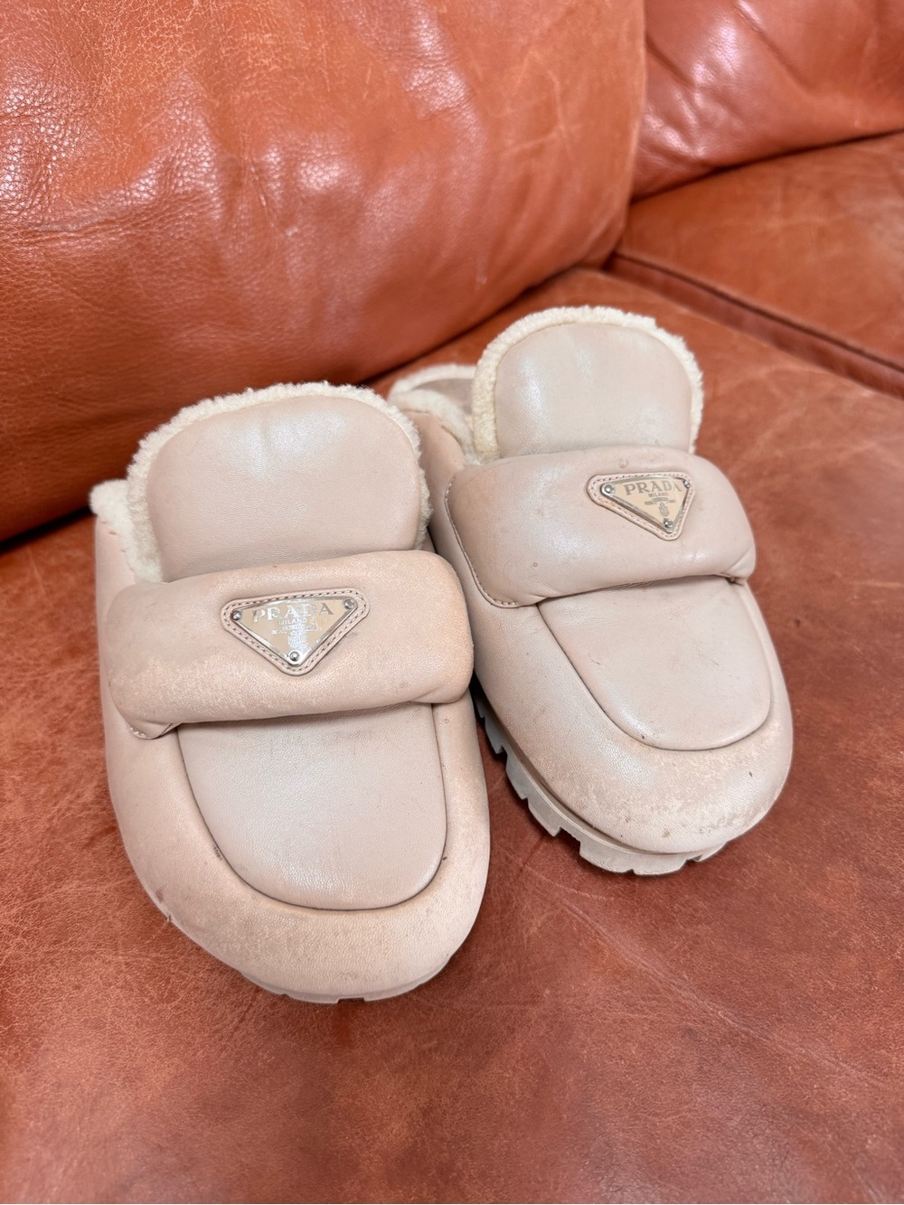 Prada Tan Shearling-Lined Leather Mules